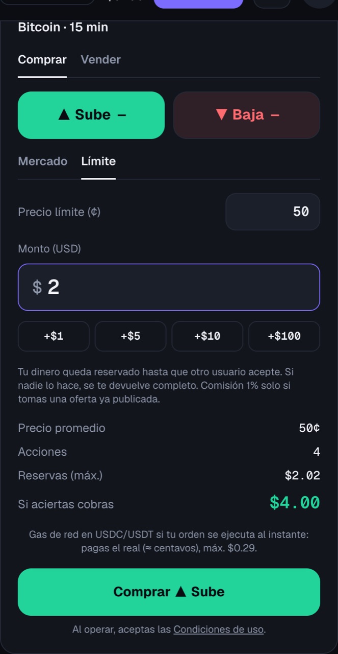 Ticket de compra con lado, tipo de orden, precio y monto
